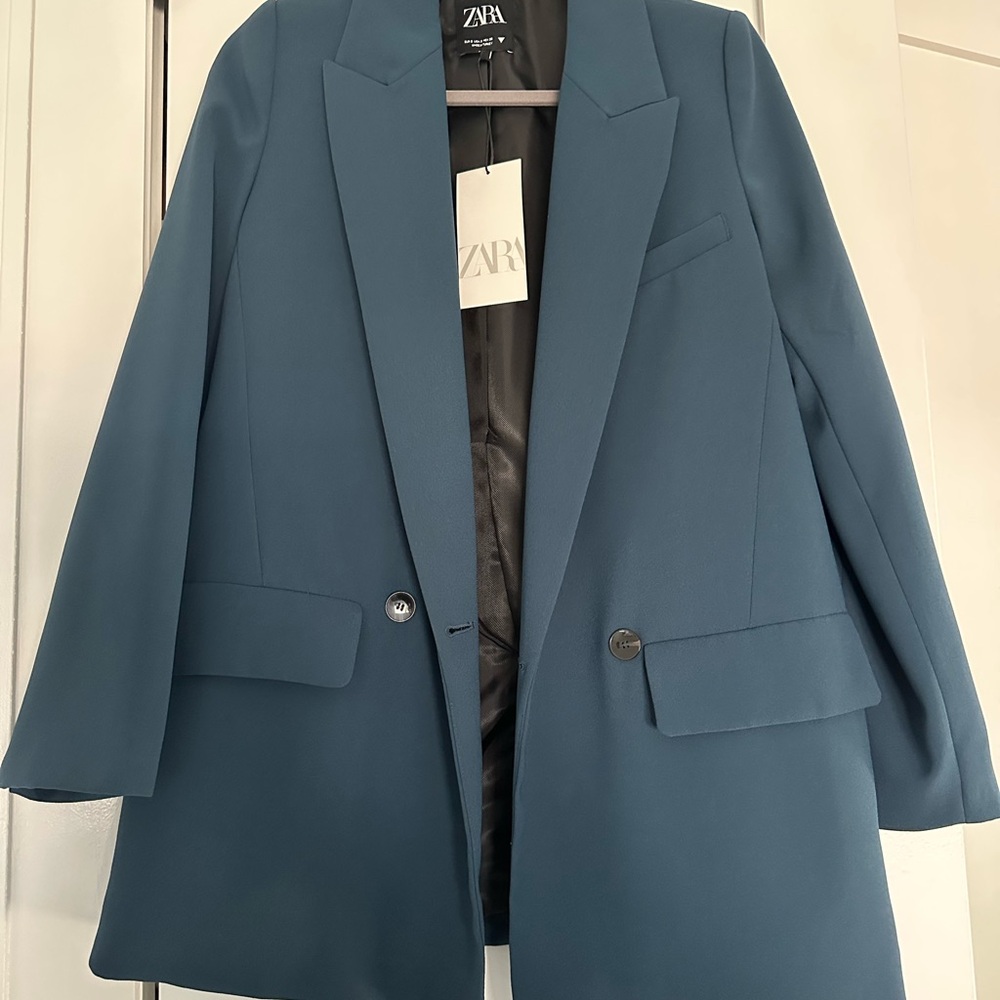 ZARA Teal-Blue Tailored Double-Button Blazer